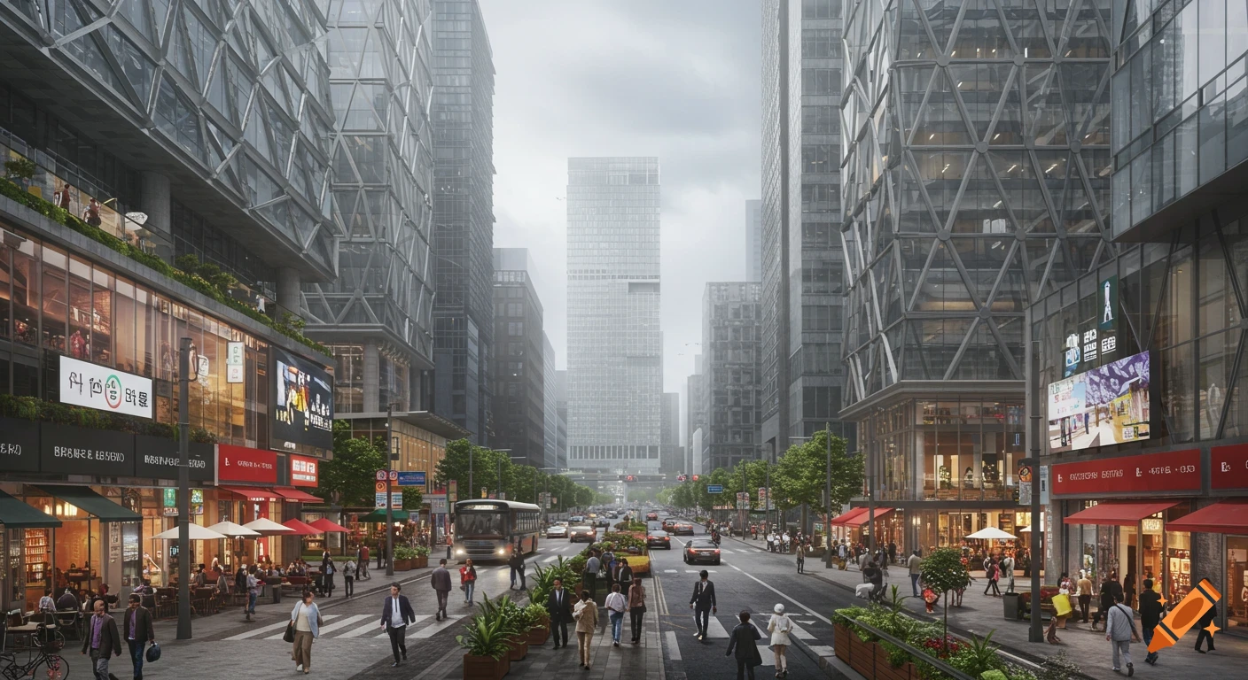 A bustling modern downtown street with tall glass buildings, shops, pedestrians, and cars under a cloudy sky.