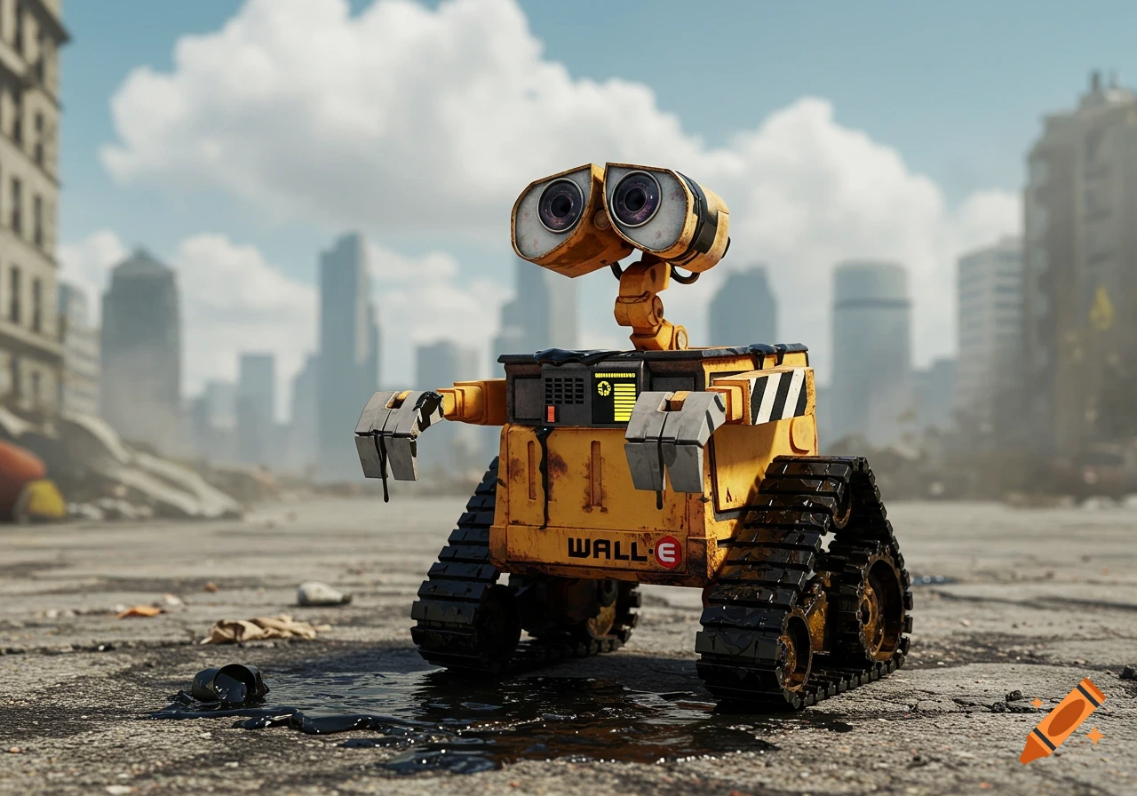Photorealistic image of WALL-E covered in tar, standing in a desolate, ruined city.