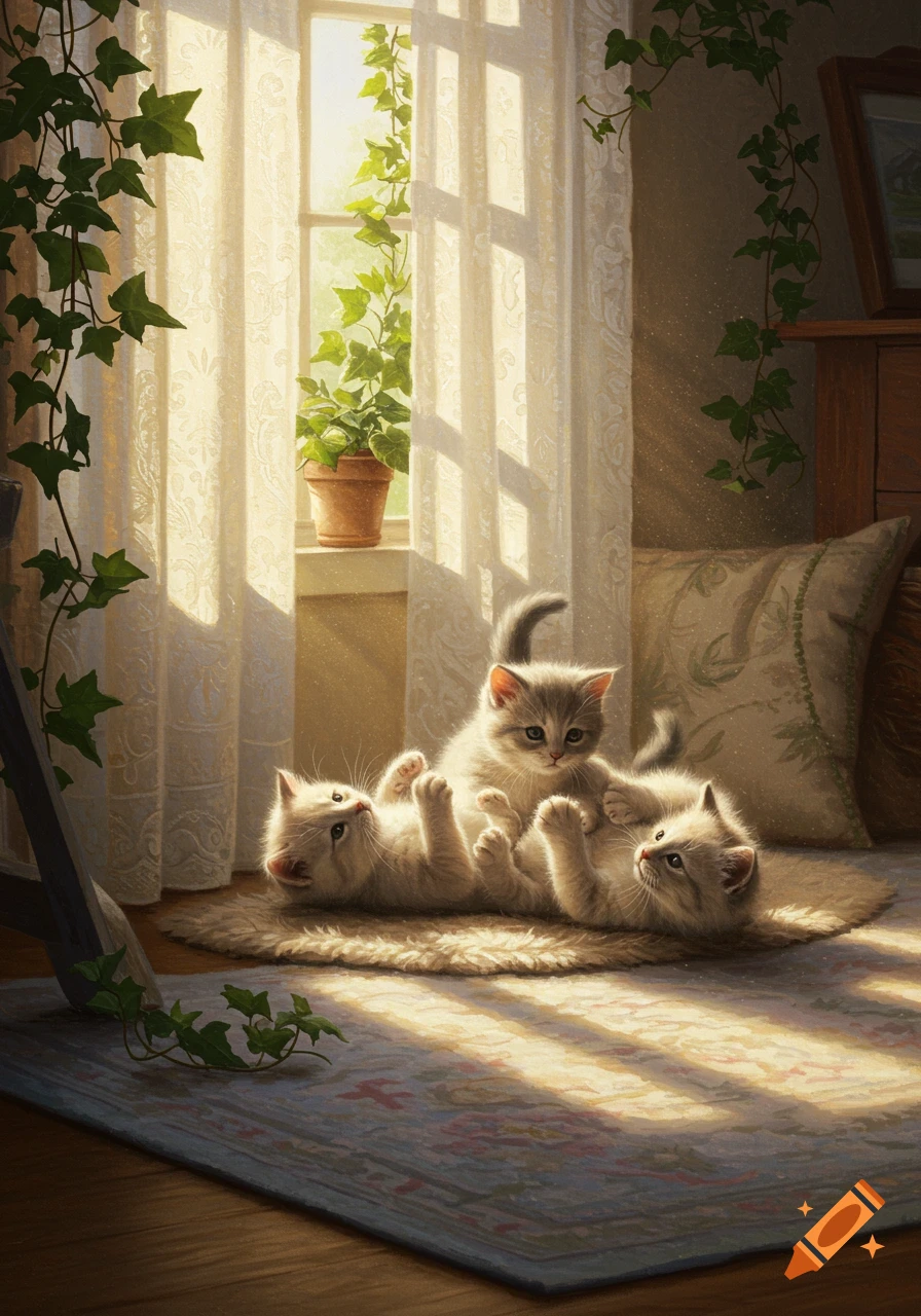 Three adorable kittens play on a fluffy rug in a sunlit room with ivy plants by a window, photorealistic style.