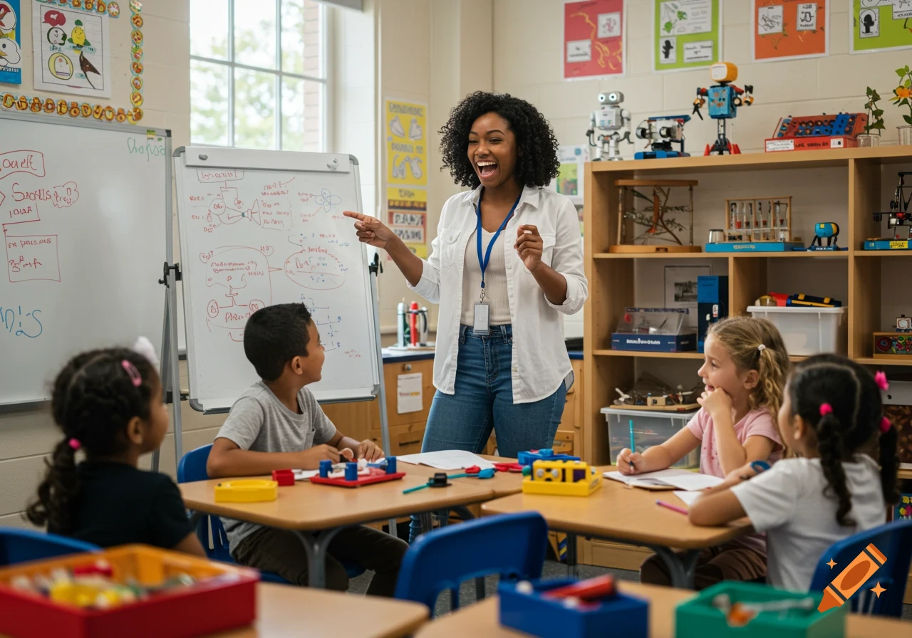 A smiling African American teacher points to a whiteboard while teaching young students in a bright, modern classroom. Photorealistic style.