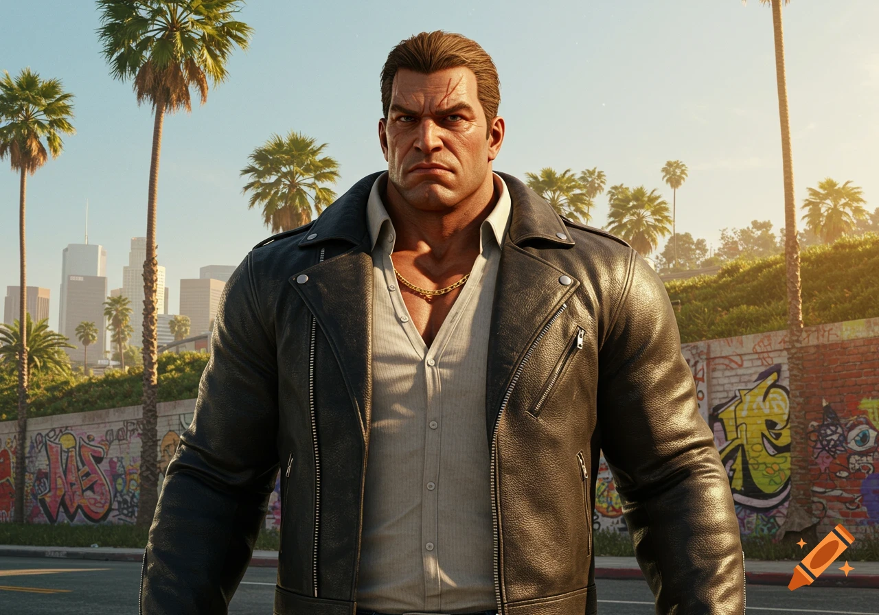 A muscular man in a black leather jacket and unbuttoned shirt, wearing a gold chain, stands on a street with palm trees and graffiti walls in a photorealistic style.