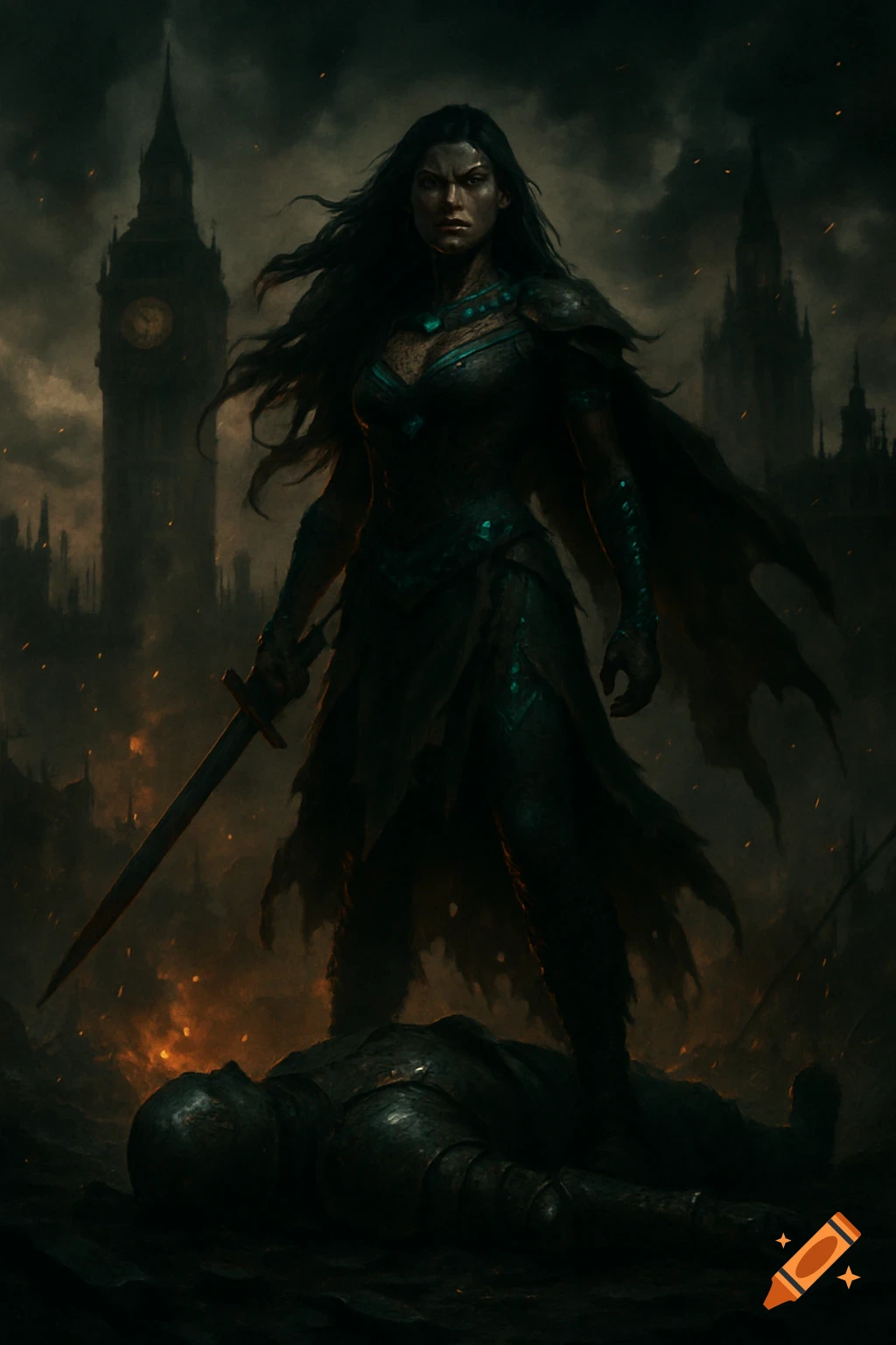 A dark fantasy warrior in armor with a sword stands over a fallen soldier in a ruined, smoke-filled city at dusk.