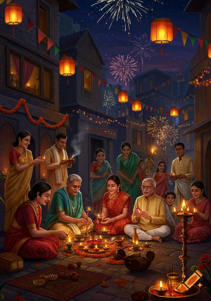 A vibrant illustration of an Indian family celebrating Diwali at night, lighting diyas in a courtyard adorned with lanterns and fireworks in the sky.