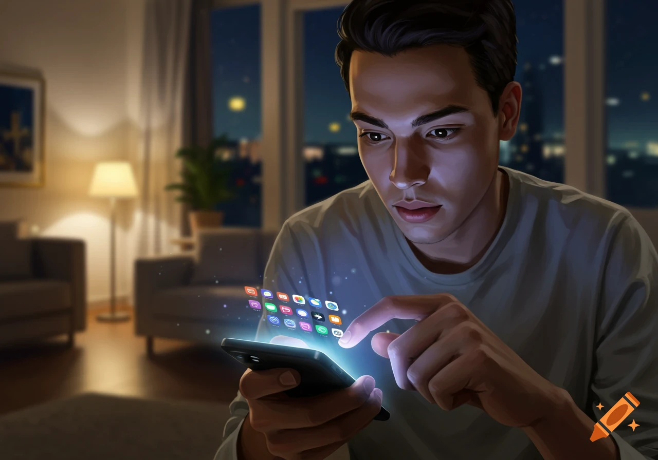 A man intensely looks at and interacts with holographic app icons floating above his smartphone at night in a dim room.