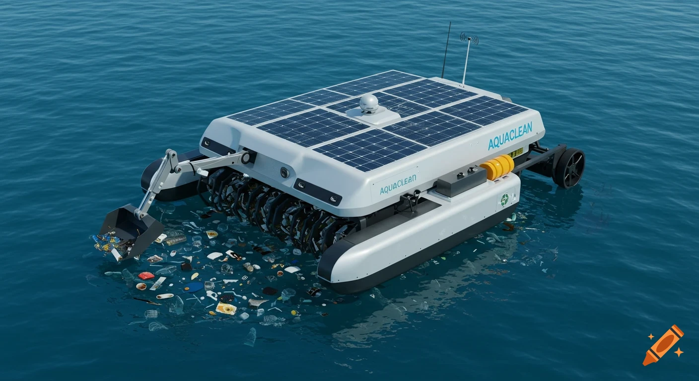 Photorealistic solar-powered AquaClean robot cleaning plastic trash from the ocean with a scoop arm.
