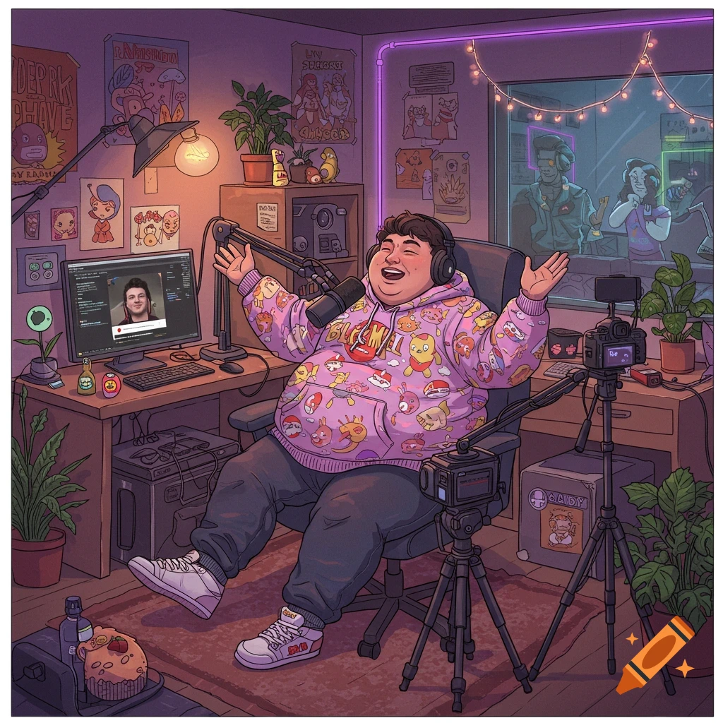 A happy, overweight man in a pink hoodie sits in a gaming chair, broadcasting with a microphone and camera in a purple-lit room filled with posters, plants, and streaming equipment.
