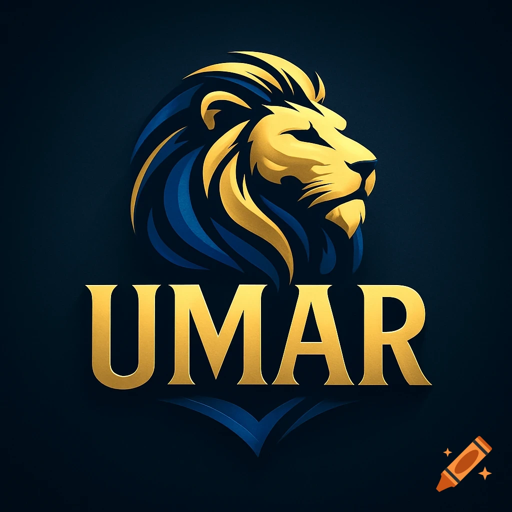 Gold and blue stylized lion head logo with 'UMAR' in bold gold text below it.