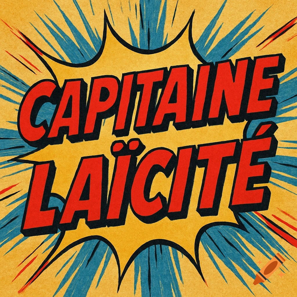 Red text 'CAPITAINE LAÏCITÉ' in a retro comic book explosion on a yellow background.