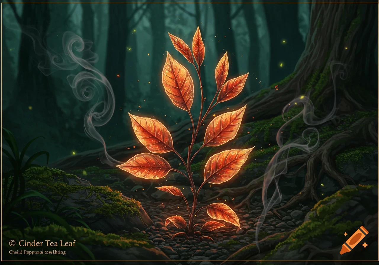 A glowing, golden-leafed plant with tendrils of smoke rises from the forest floor, surrounded by mossy rocks and tall, dark trees in a mystical, lush setting.