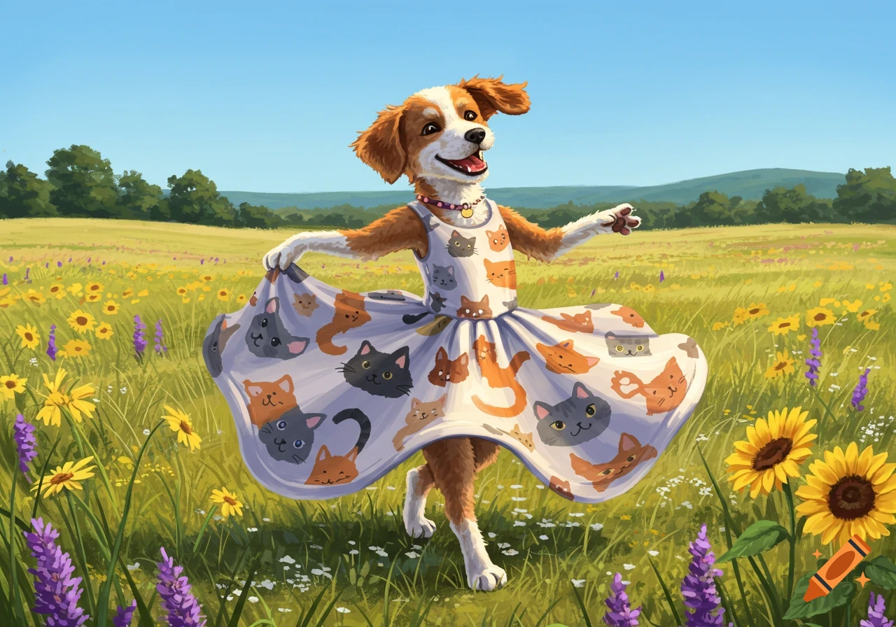 A joyful dog in a cat-patterned dress twirls in a sunny meadow with yellow and purple flowers, in an illustration style.