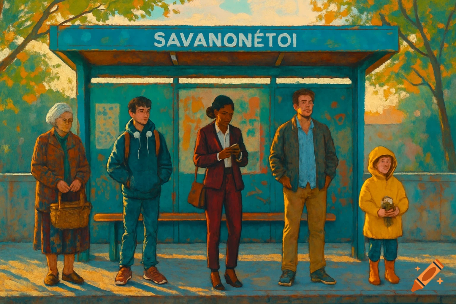 A textured painting of five diverse people waiting at a bus stop with a blue sign that reads 'SAVANONÉTOI'.