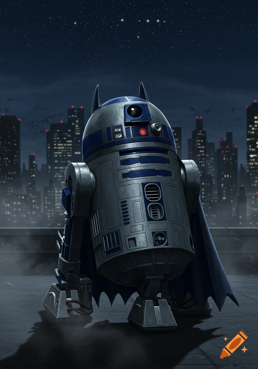 R2-D2 dressed as Batman, wearing a cape and cowl, stands on a rainy rooftop with a dark cityscape behind him.