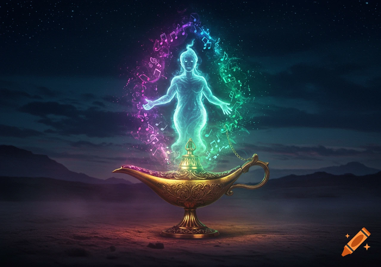 A glowing, ethereal genie-like figure made of light and colorful musical notes emerges from a golden antique oil lamp in a dark, star-filled desert night.