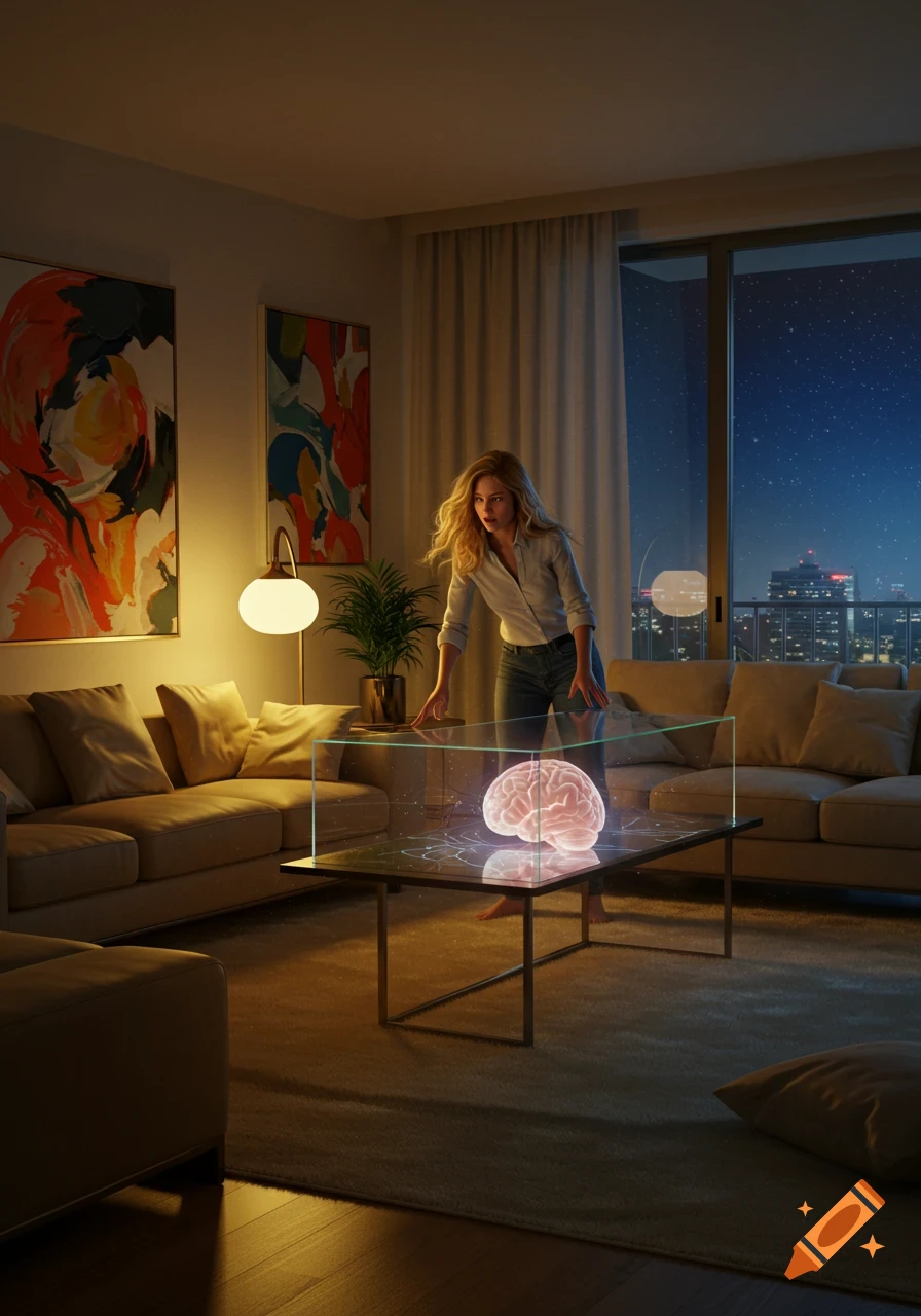 A woman peers at a glowing brain hologram on a coffee table in a modern living room at night, photorealistic style.