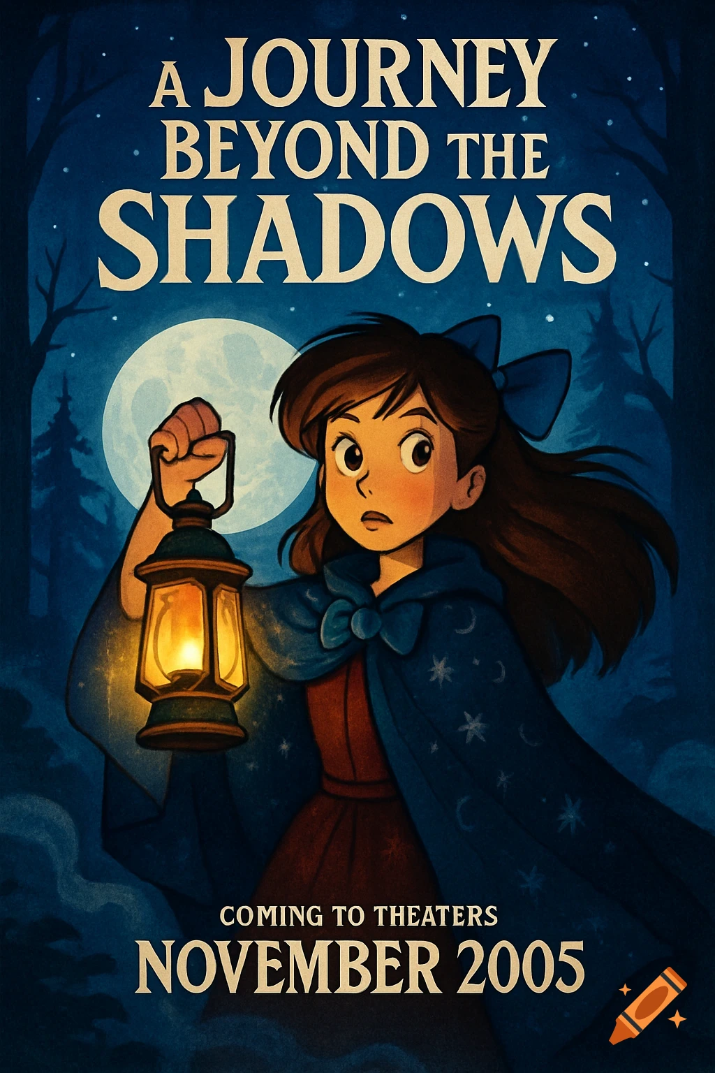 A cartoon movie poster shows a girl with a lantern in a dark forest under a full moon, with the title 'A Journey Beyond the Shadows'.