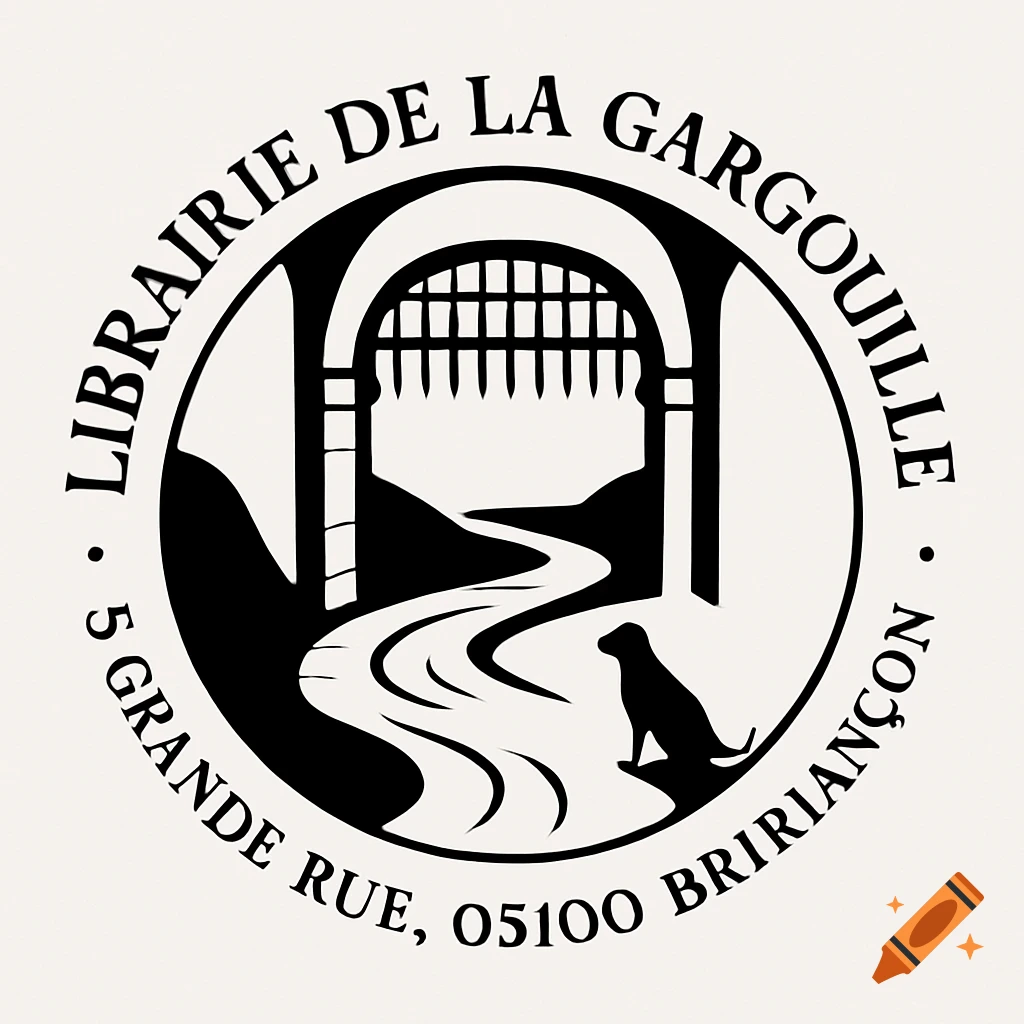 Black and white minimalist circular logo with a portcullis, winding river, and a dog. Text says 'Librairie de la Gargouille 5 Grande rue, 05100 Briançon'.