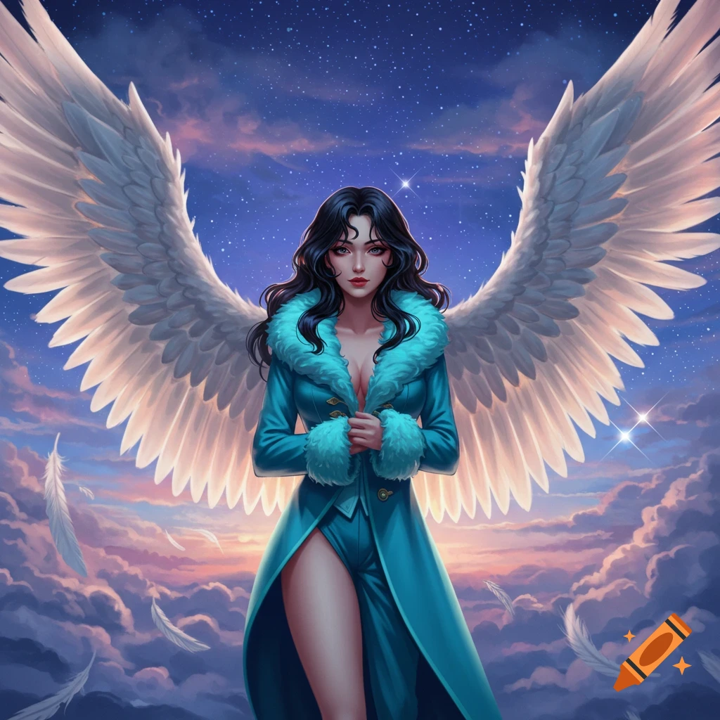 Anime art of a woman with long black hair, large white angel wings, and a blue fur-lined coat against a starry night sky.