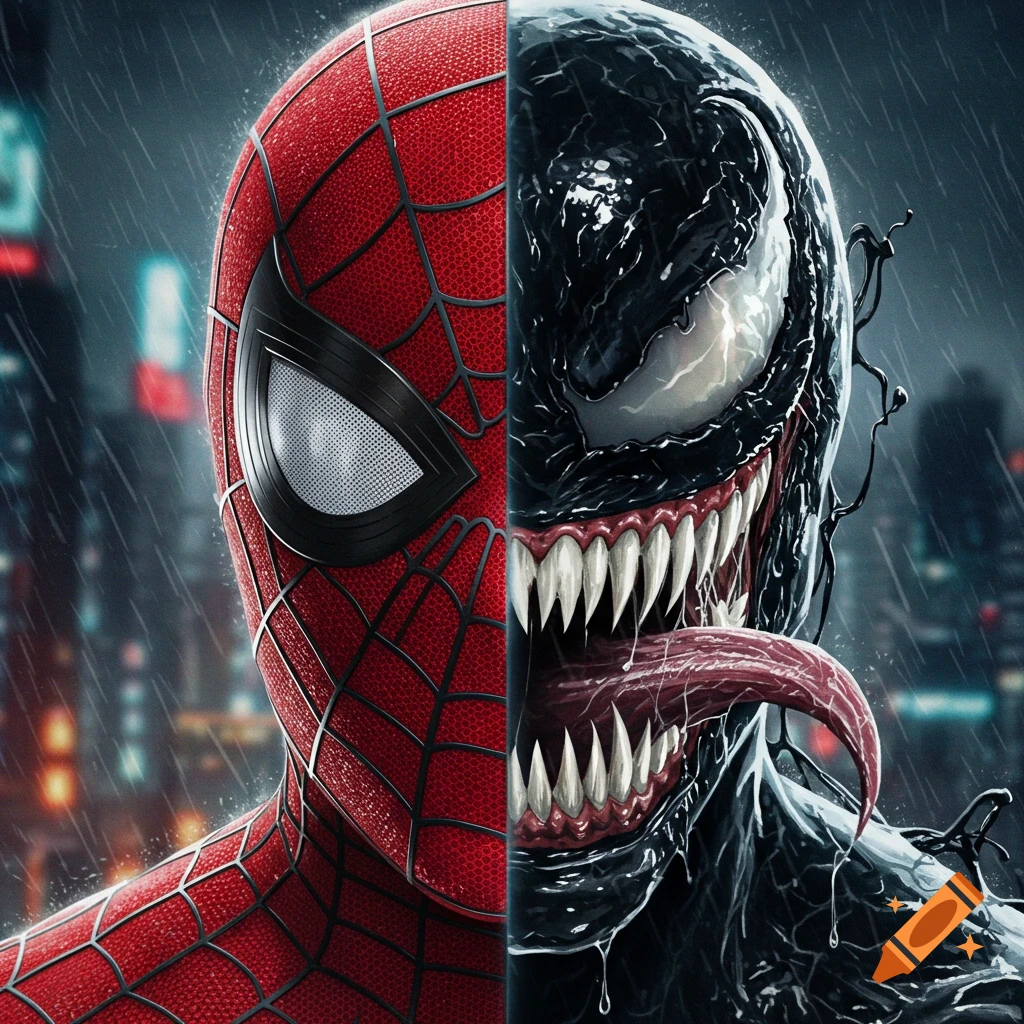 Detailed split headshot of red-suited Spider-Man and black, fanged Venom with a long tongue, in a rainy city.