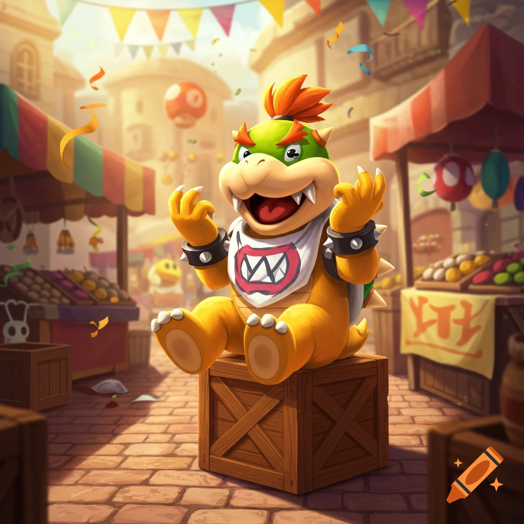 Bowser Jr. happily sitting on a wooden crate in a bustling, festive market under colorful banners and confetti.