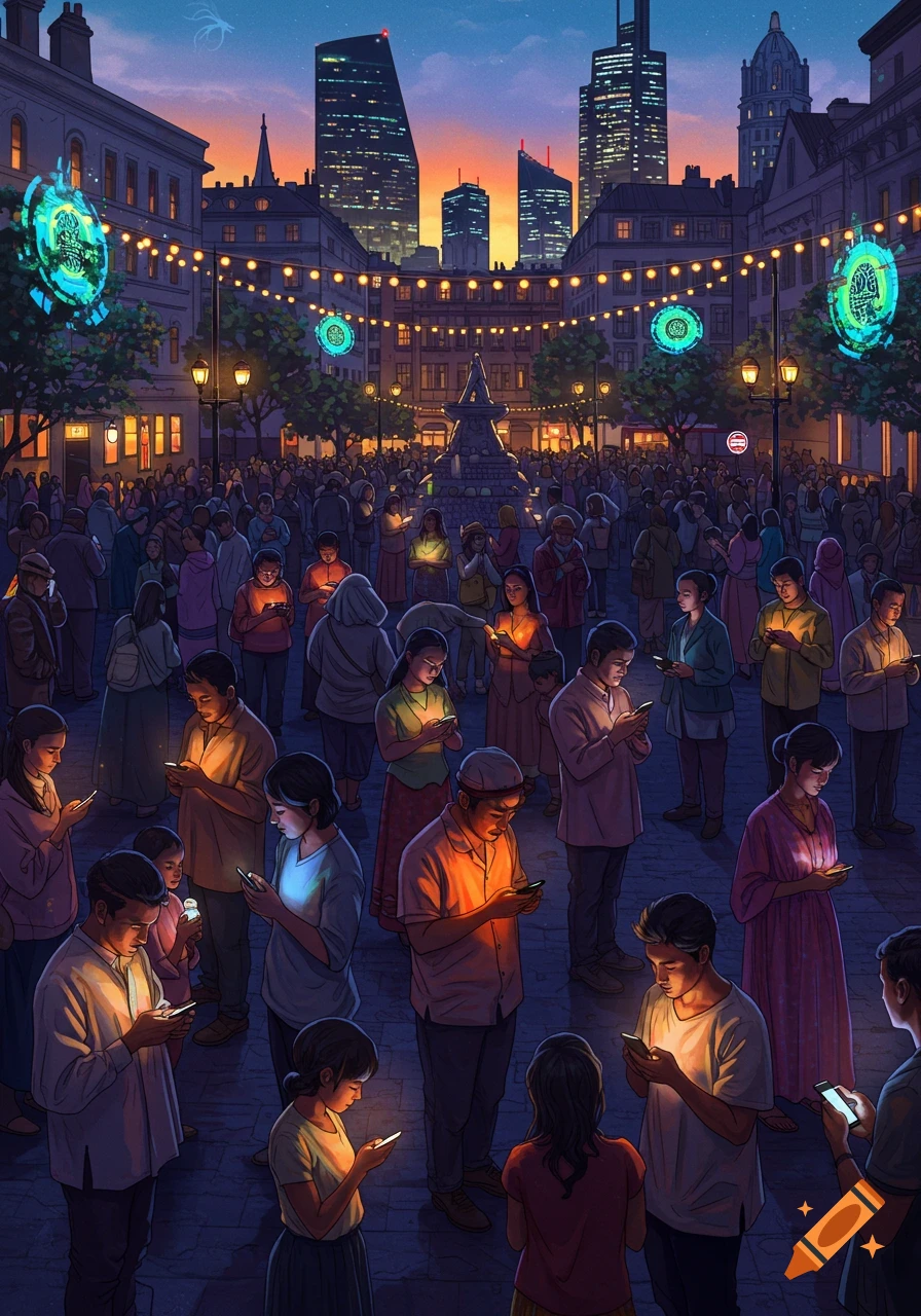 Digital illustration of a large crowd in an urban square at dusk, all focused on their glowing smartphones amidst city lights.