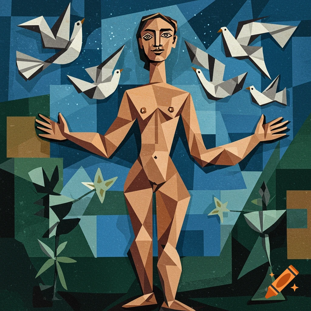 A cubist artistic depiction of a nude human figure with outstretched arms, surrounded by geometric doves and abstract plants against a blue and green background.