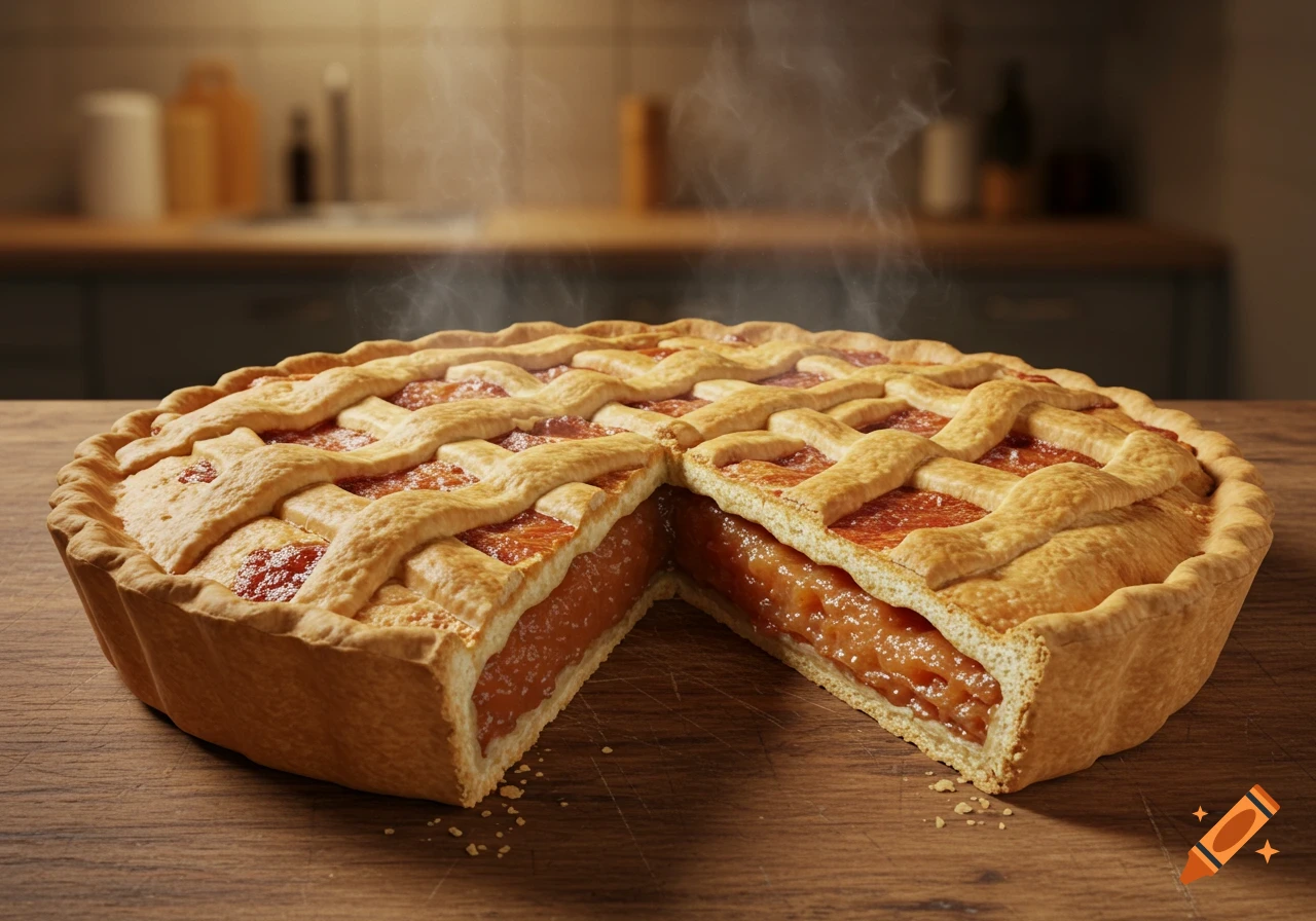 A freshly baked, steaming lattice-top pie with a slice removed, revealing the fruit filling on a wooden table in a kitchen.