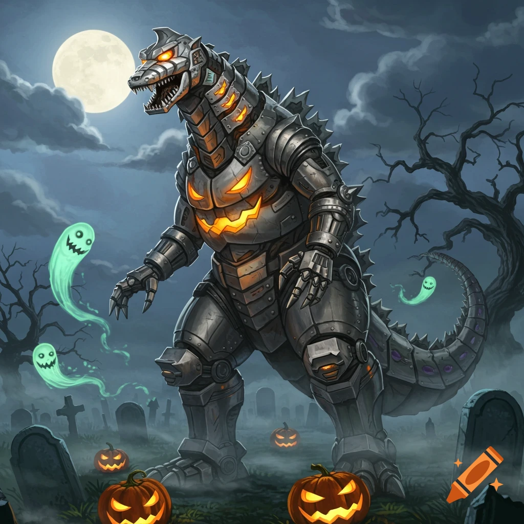 Mechagodzilla with glowing pumpkin chest in a spooky graveyard with ghosts and jack-o'-lanterns under a full moon, digital art.