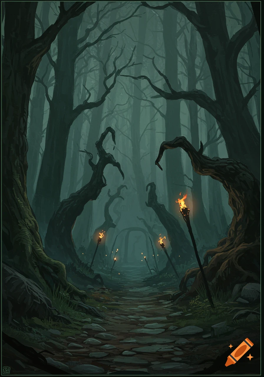 Dark, misty medieval forest path at night, lit by numerous torches, with twisted gnarled trees.