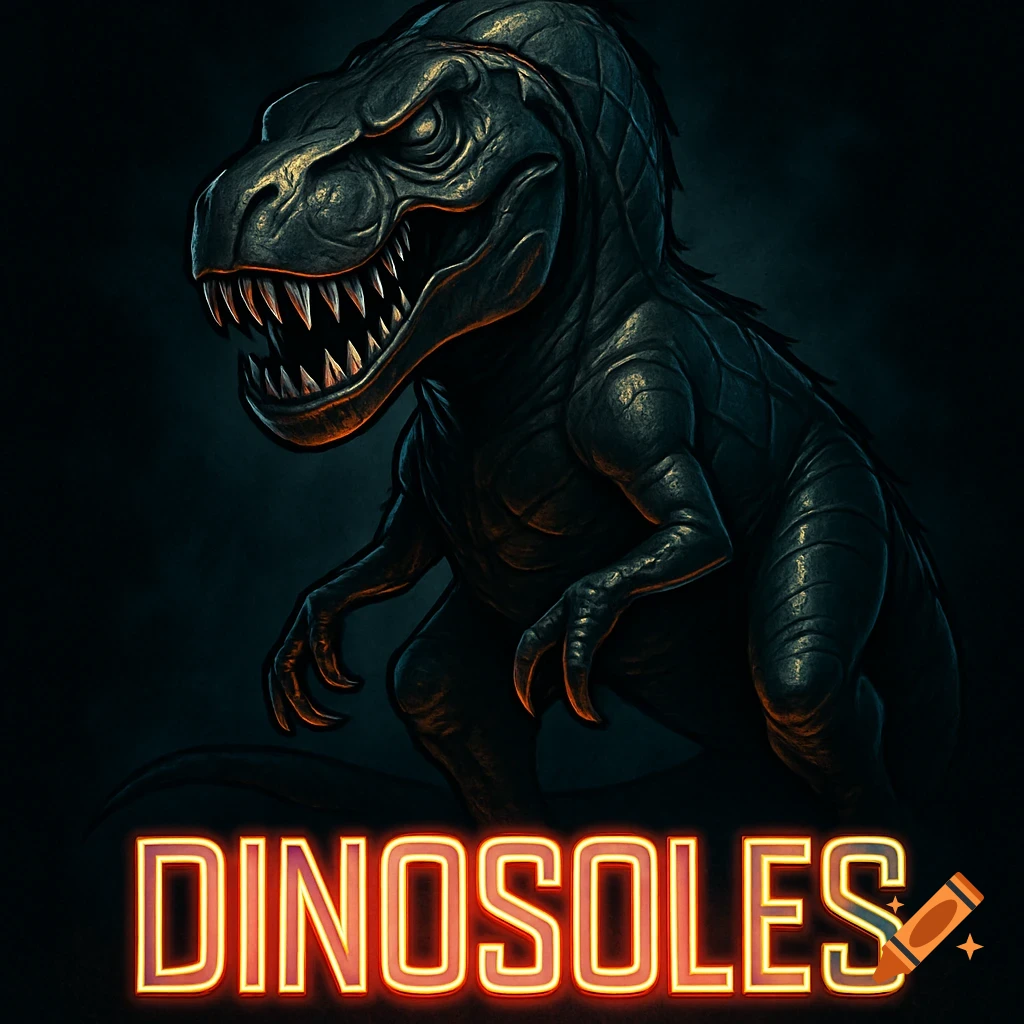 A dark, stylized illustration of a roaring Tyrannosaurus Rex with glowing red text 'DINOSOLES' below it.