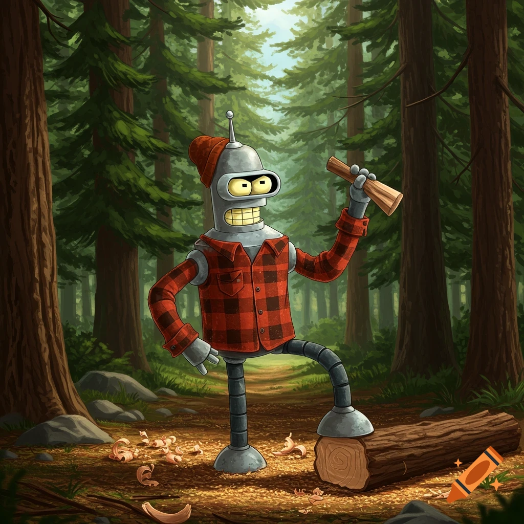 Bender from Futurama, dressed as a lumberjack in a red plaid shirt and beanie, stands in a forest with a log and wood shavings.