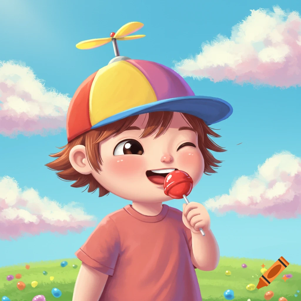 Cartoon child winks while eating a red lollipop, wearing a colorful spinner hat, in a sunny grassy field.