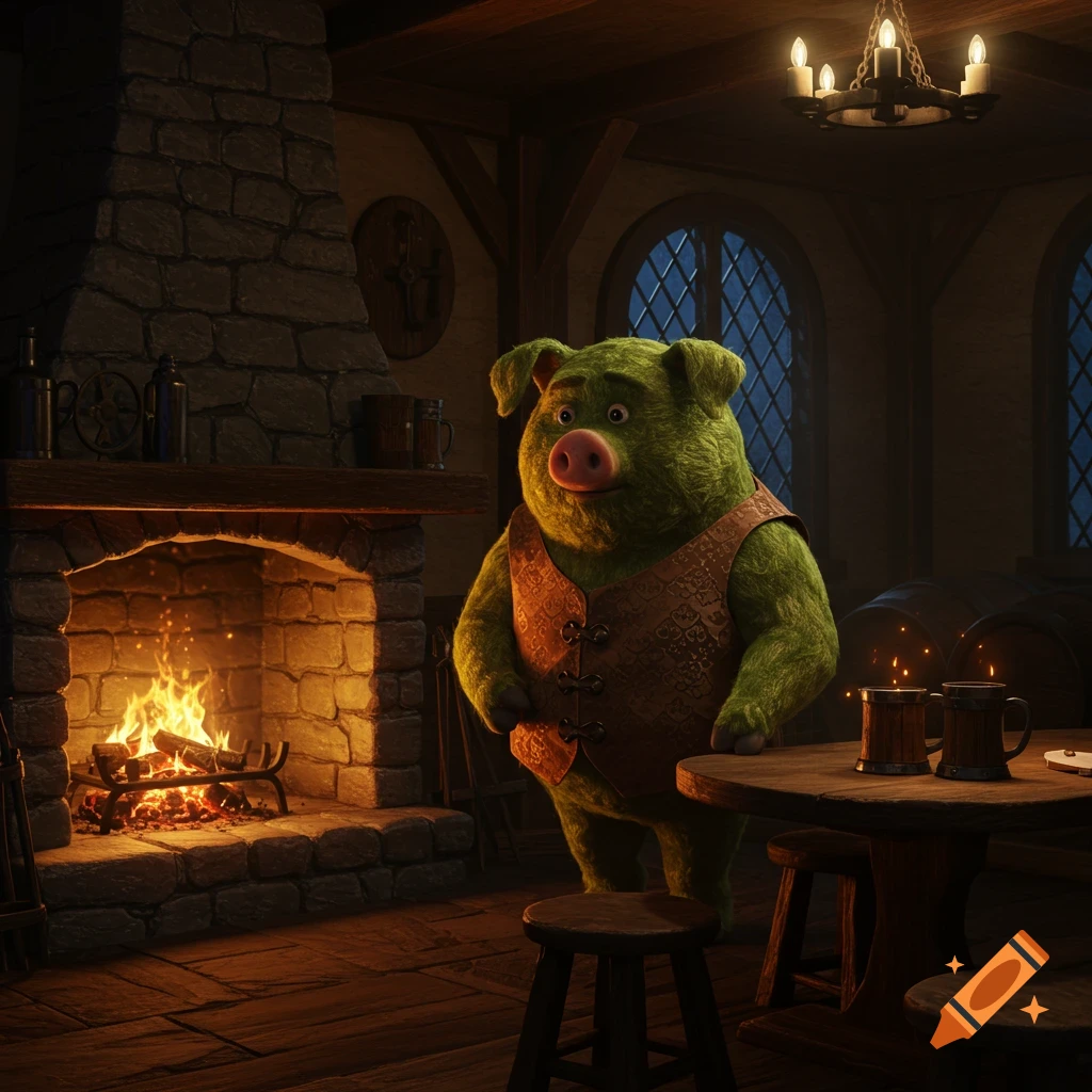 A fluffy green pig character wearing a vest stands by a crackling fireplace in a cozy, dimly lit tavern, digital art.