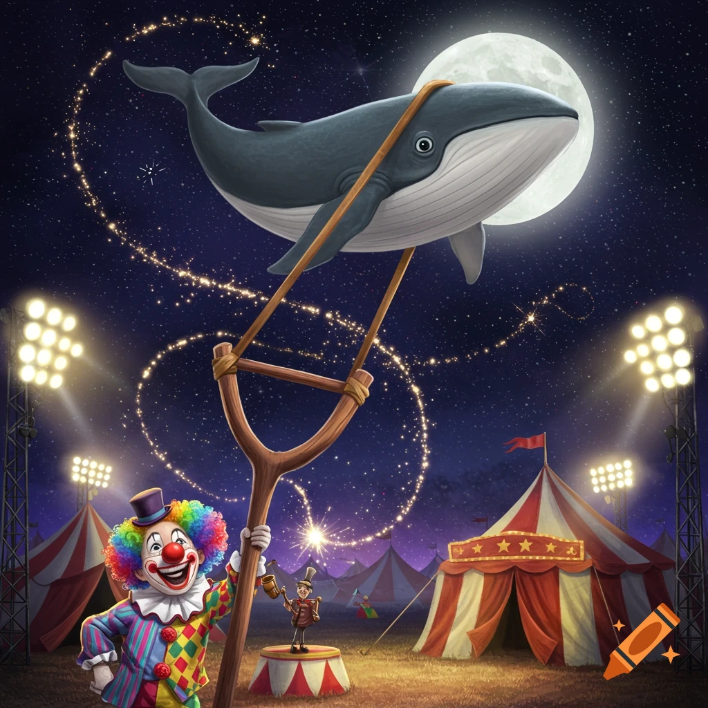 A cartoon clown at a night circus readies a giant slingshot to launch a whale towards the full moon, surrounded by tents and spotlights.