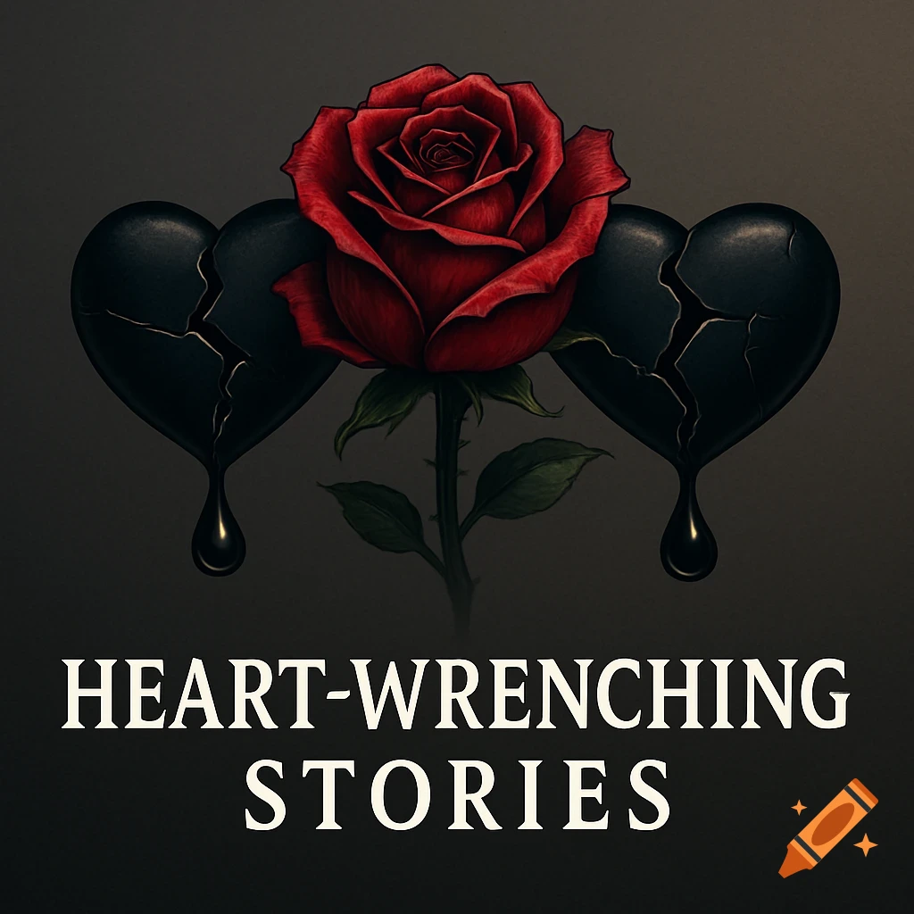 Red rose between two broken black hearts with black tears, over text 'HEART-WRENCHING STORIES'.