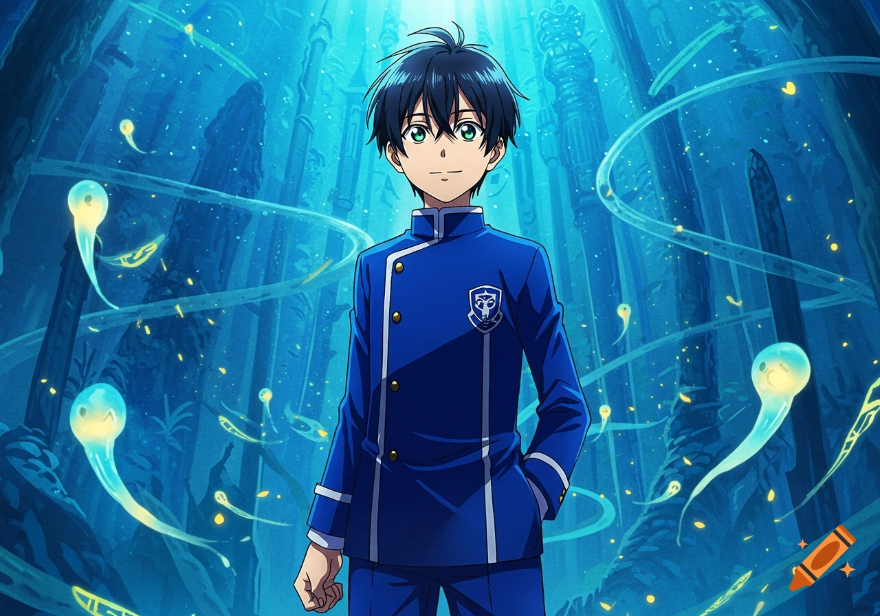 An anime boy with black hair and green eyes in a blue uniform stands in a mystical blue underwater environment with glowing creatures.