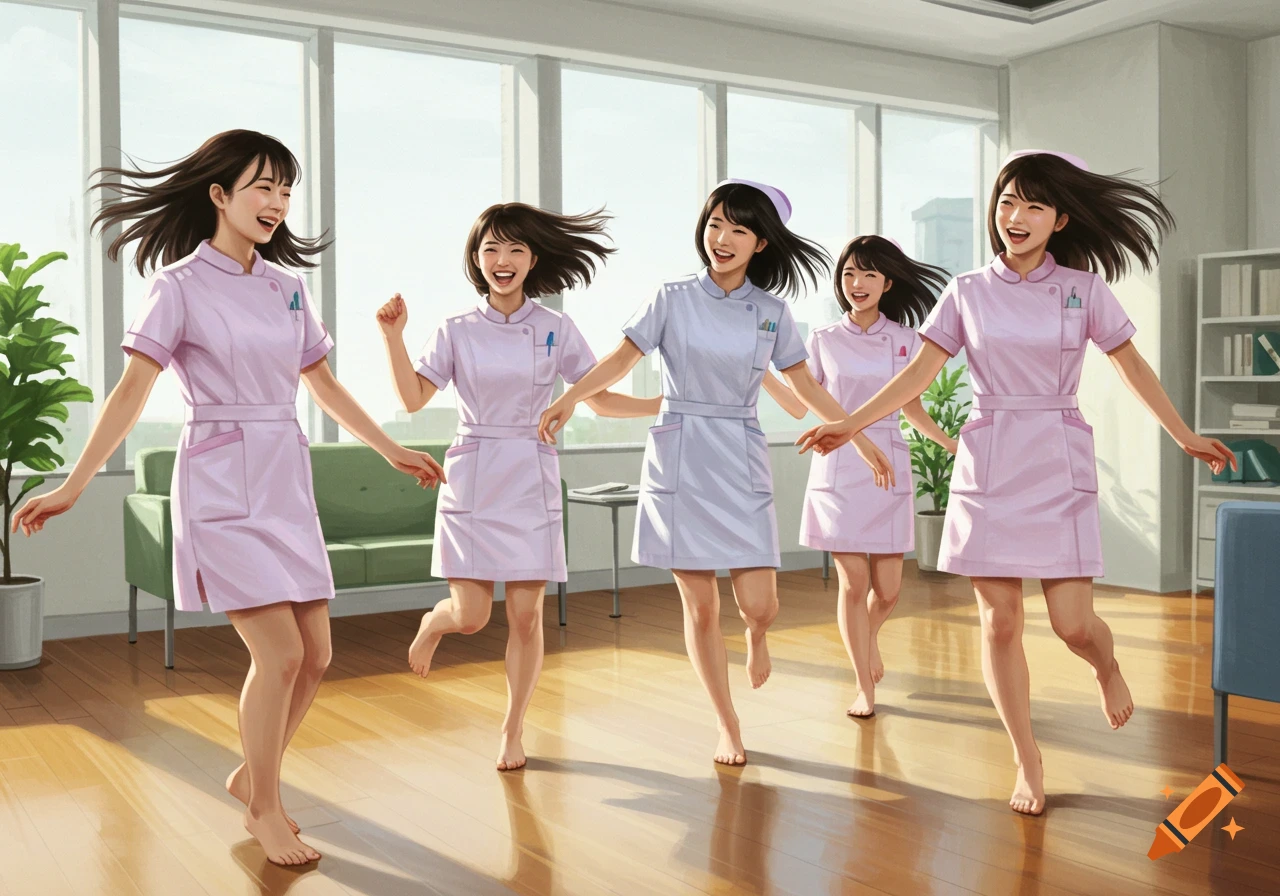 Five happy Japanese nurses dance barefoot in an office, in an illustrative style.