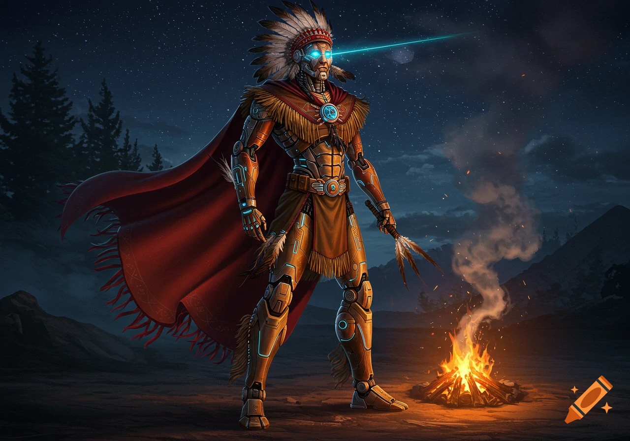 A sci-fi android with a Native American headdress, red cape, and glowing blue accents stands by a campfire at night.