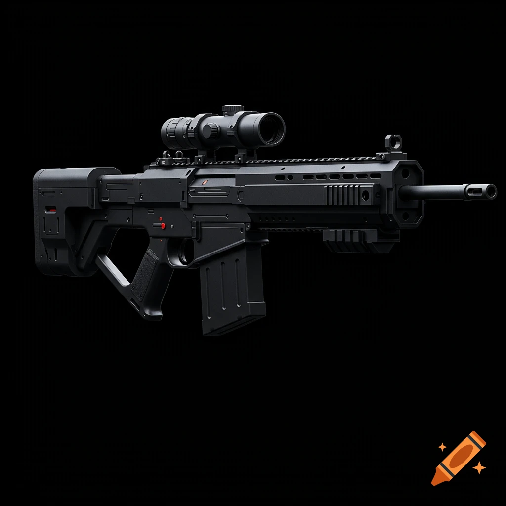 A highly detailed, jet black futuristic assault rifle with a scope, isolated against a solid black background.
