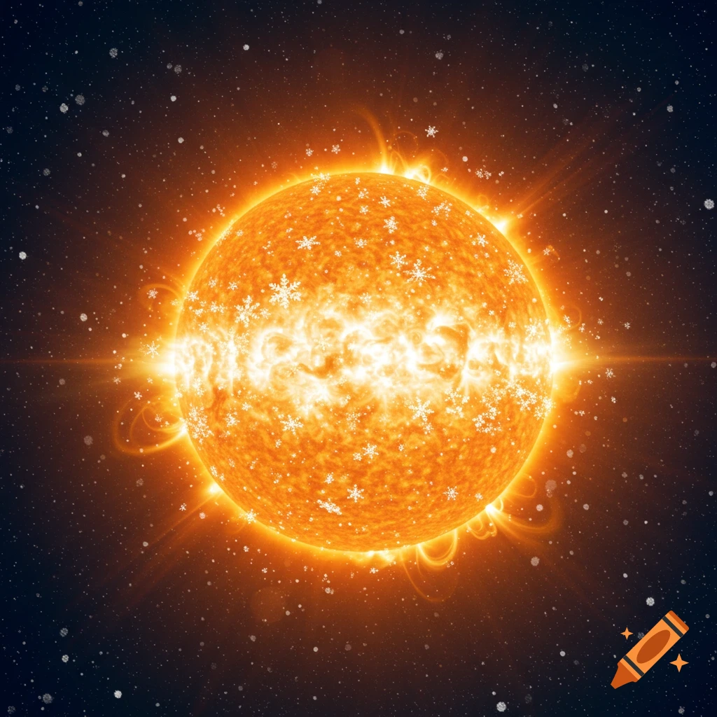 A glowing orange sun in space covered in white snowflakes.