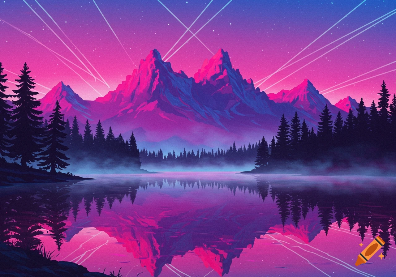 Vibrant synthwave landscape with pink and purple mountains, pine trees, and a reflective lake under a starry sky.