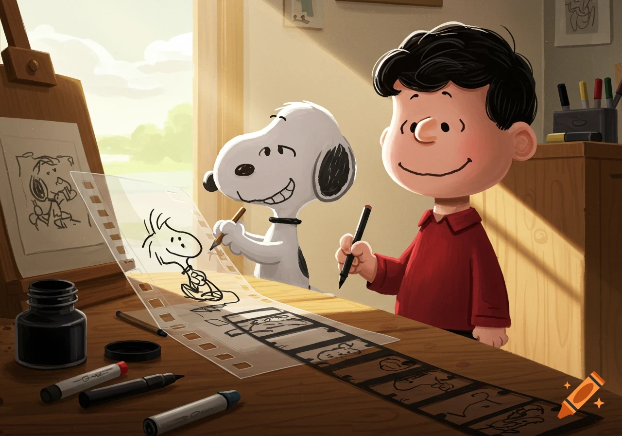 Snoopy and a Peanuts-style boy drawing cartoon characters onto a transparent filmstrip and a canvas.