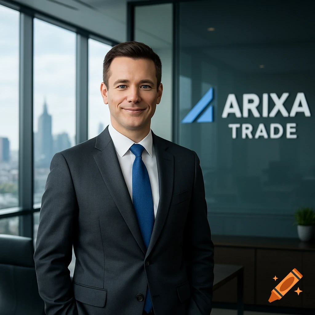 A confident businessman in a suit smiles in a modern office with a city view and 'Arixa Trade' logo.