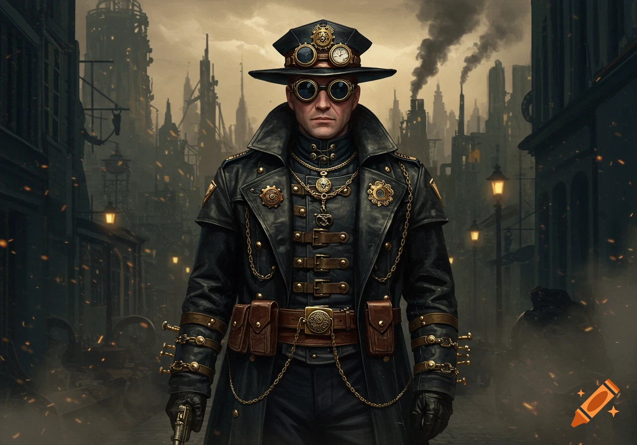 A man in a black leather steampunk uniform with goggles and a hat, holding a gun, stands in a foggy, industrialized city.