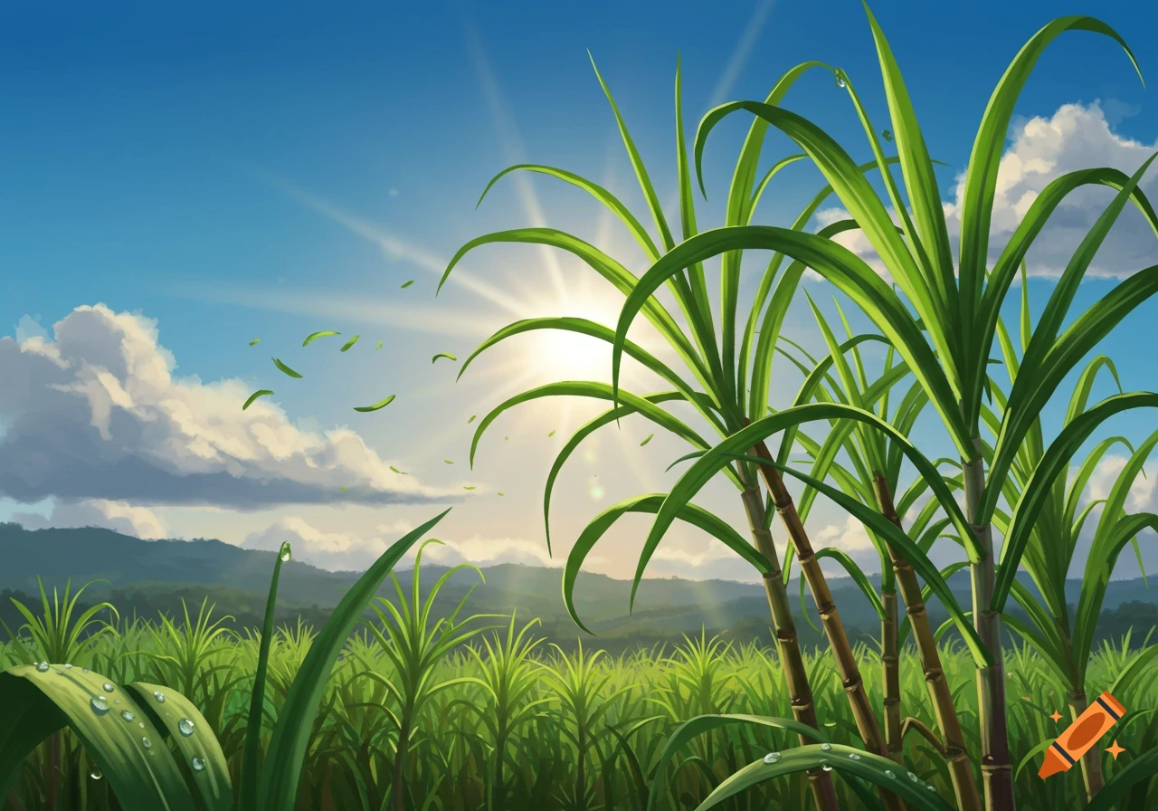 Vibrant illustration of a sugarcane field under a bright sunny blue sky, with dew drops on green leaves.