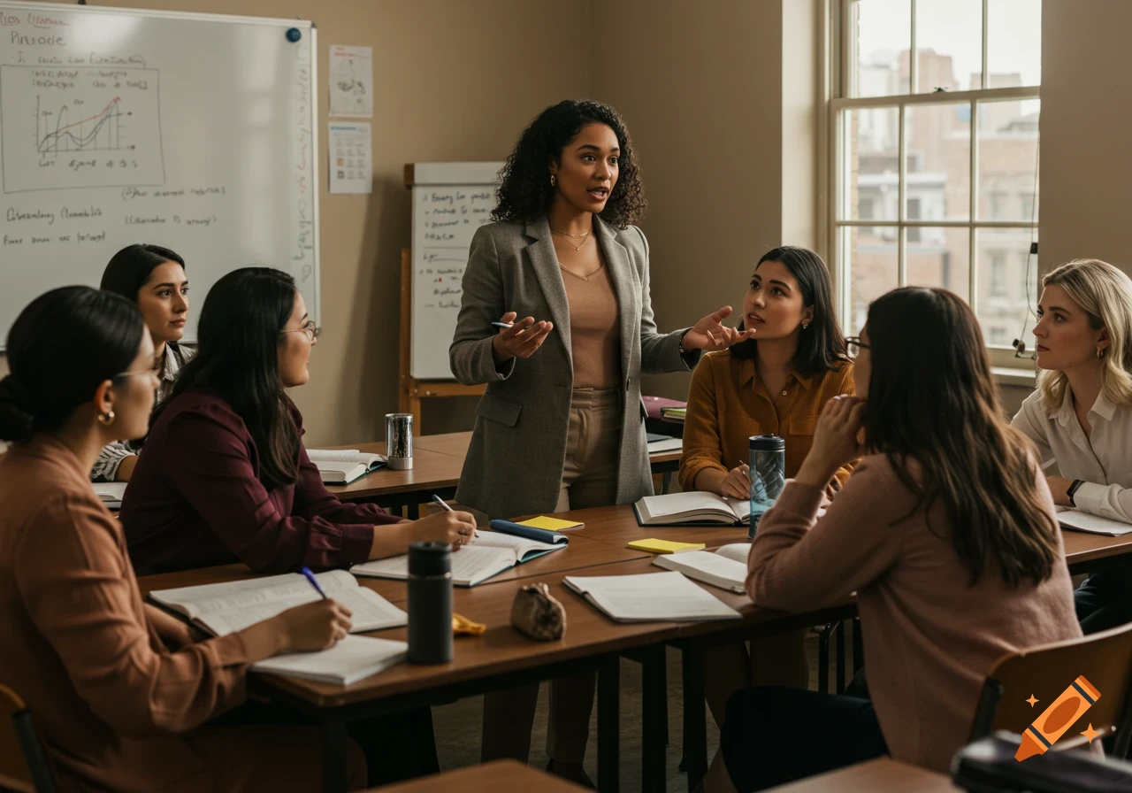A woman stands addressing a group of women seated at desks in a classroom, with a whiteboard in the background.