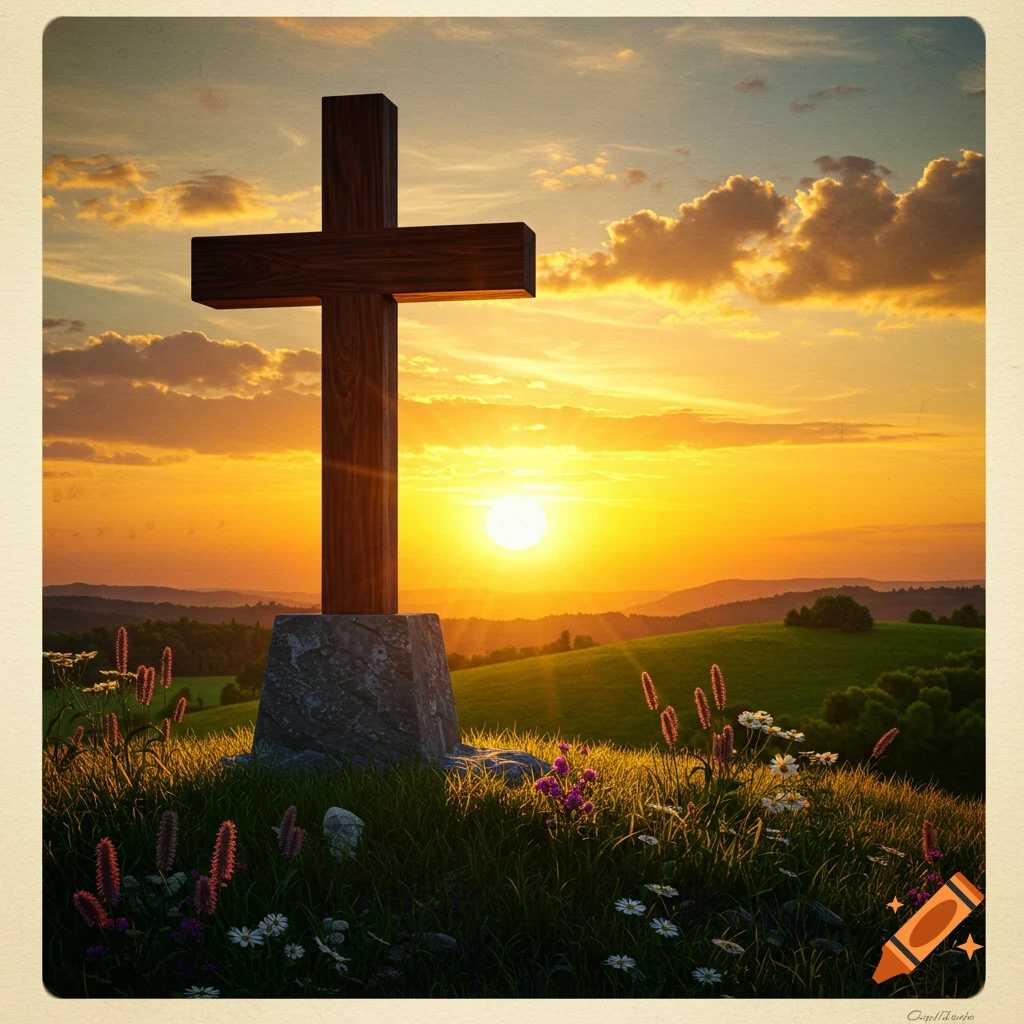 A wooden cross stands on a stone base on a grassy hill, silhouetted against a brilliant orange and yellow sunset with scattered clouds.