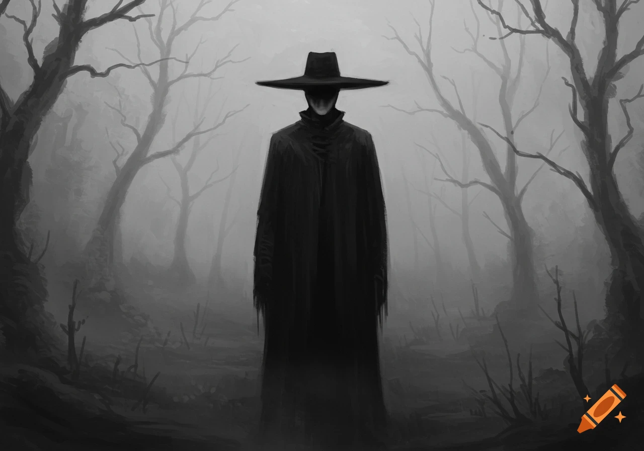 A grayscale image of a faceless figure in a wide-brimmed hat and long dark coat, standing in a foggy, eerie forest with bare trees.