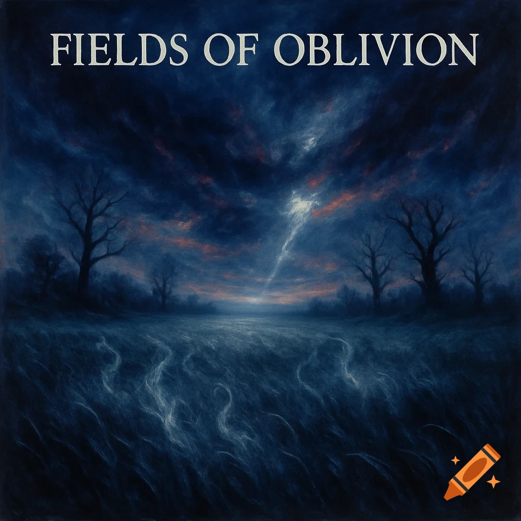 A dark, atmospheric landscape with bare trees and a field under a stormy blue sky, with the text 'FIELDS OF OBLIVION' at the top.