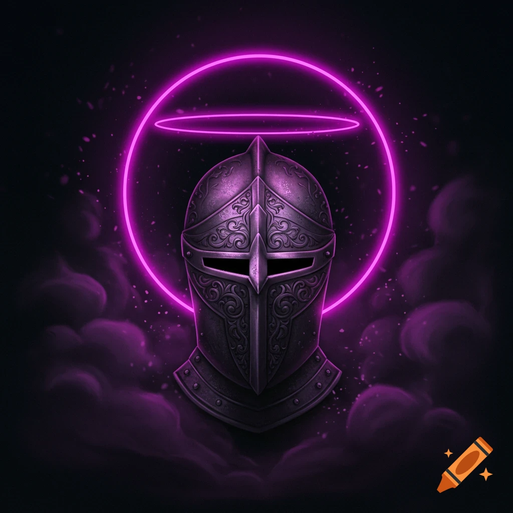 Intricate knight's helmet with glowing purple halo and smoky background.