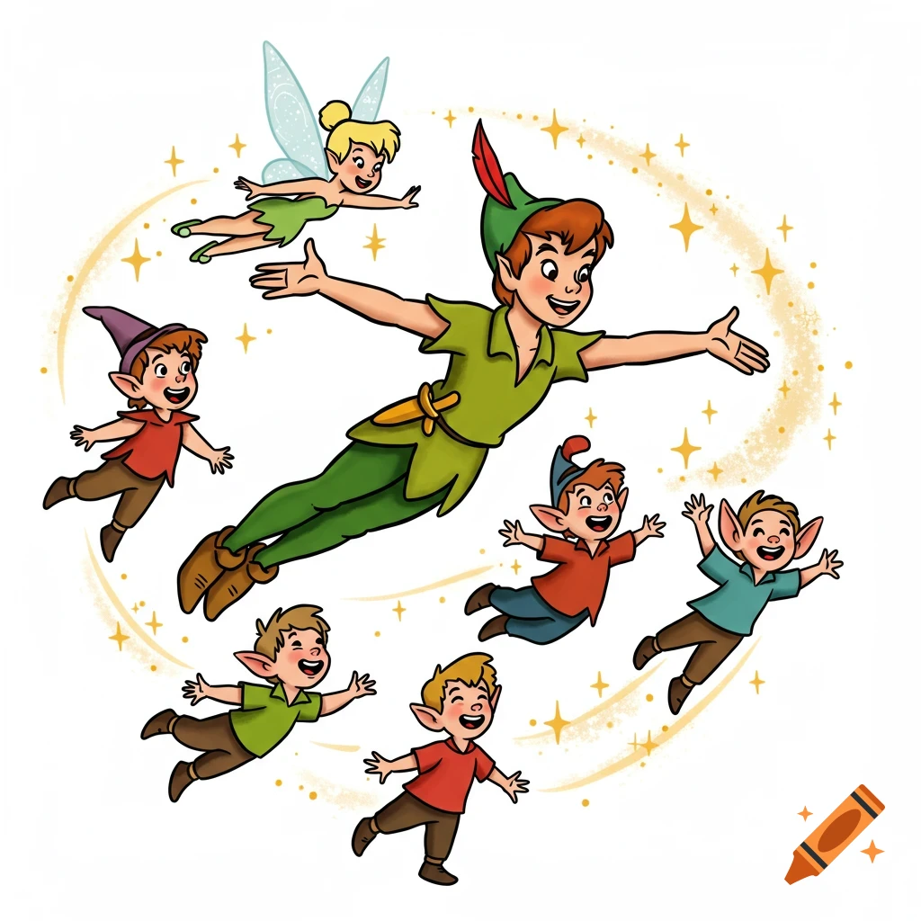 Cartoon illustration of Peter Pan and Tinkerbell flying with several children, surrounded by sparkling pixie dust.